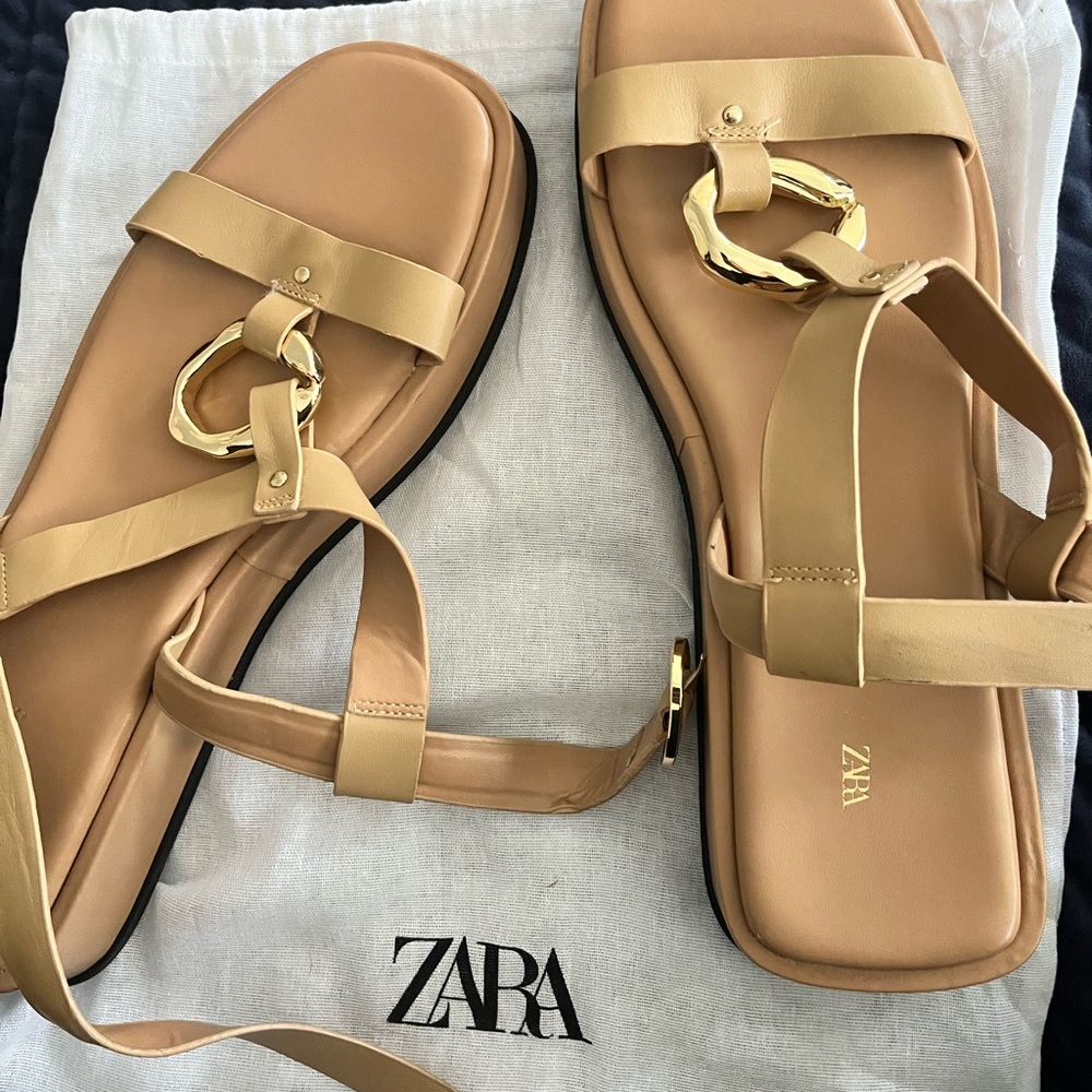 Zara sandals tan and gold size 11. Worn once, like new.